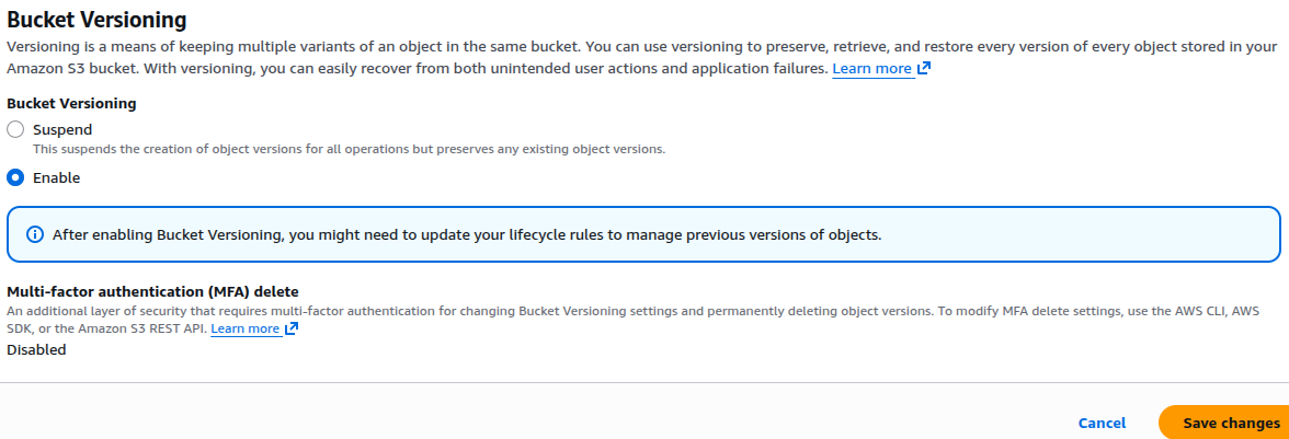 Enable S3 versioning