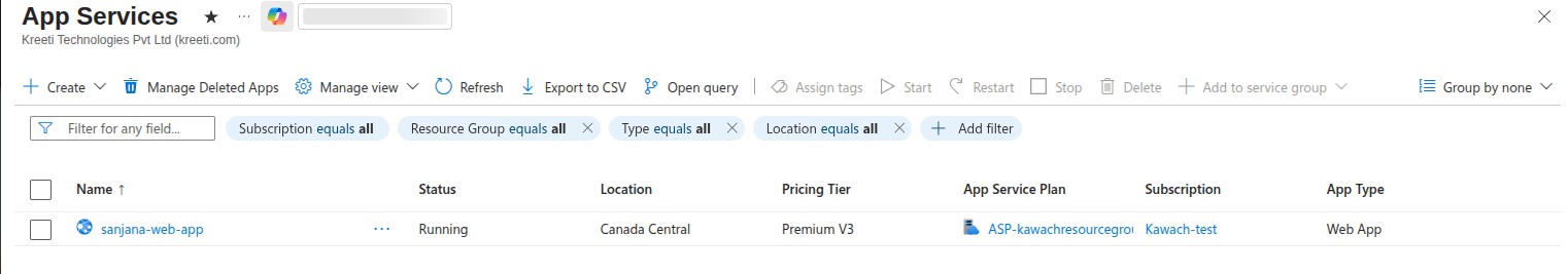 Azure App Services list