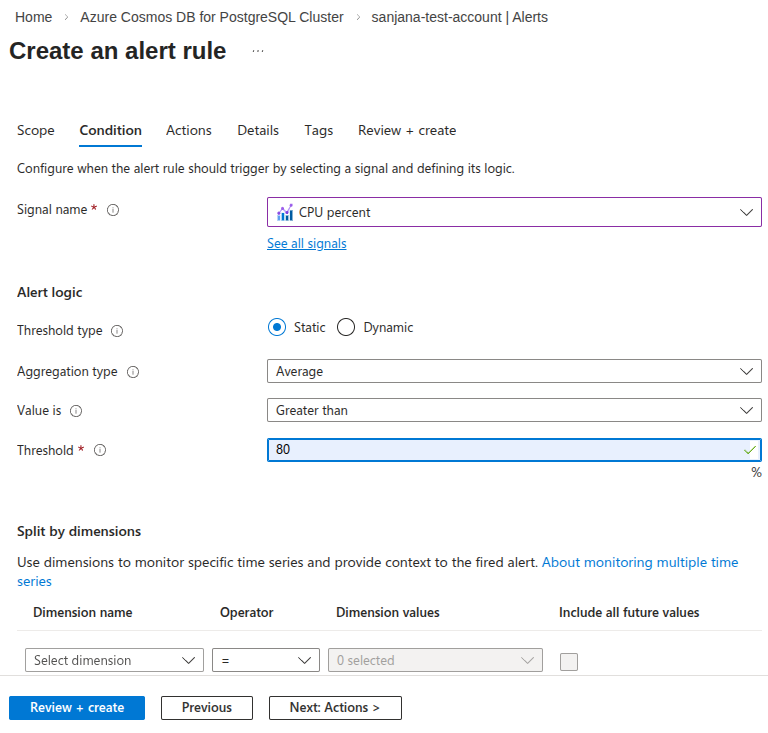 Cosmos DB for PostgreSQL cpu utilization alerts