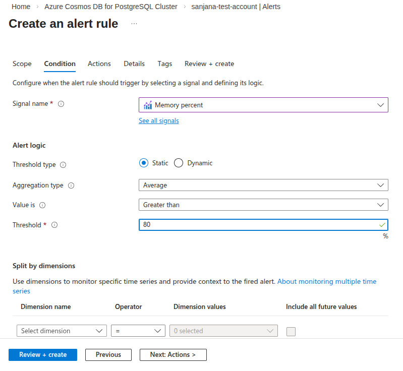 Cosmos DB for PostgreSQL memory utilization alerts