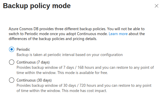 Cosmos DB backup policy