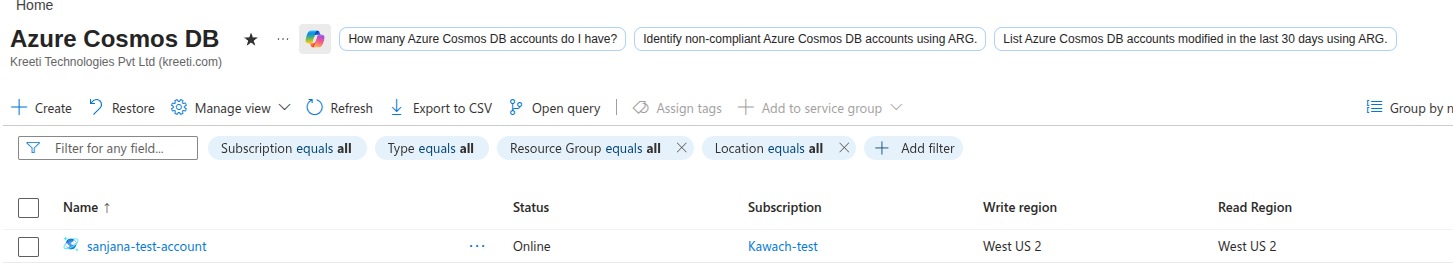 Azure Cosmos DB accounts list