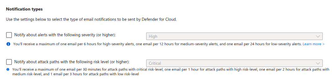 Security email alert notification settings