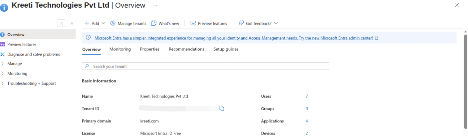Microsoft Entra Admin Center dashboard