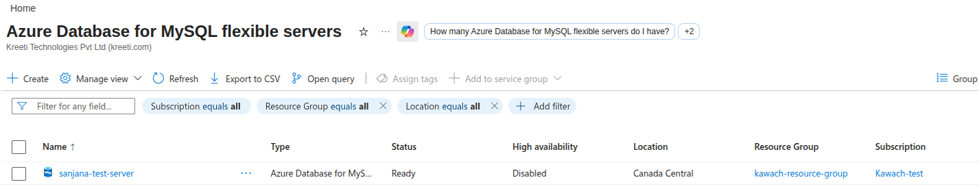 Azure MySQL Flexible Servers list