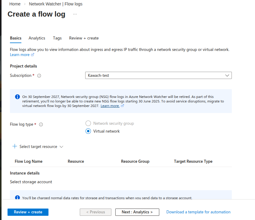 Select Virtual Network flow log type