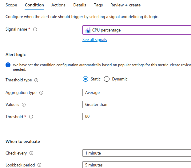 CPU utilization alert configuration