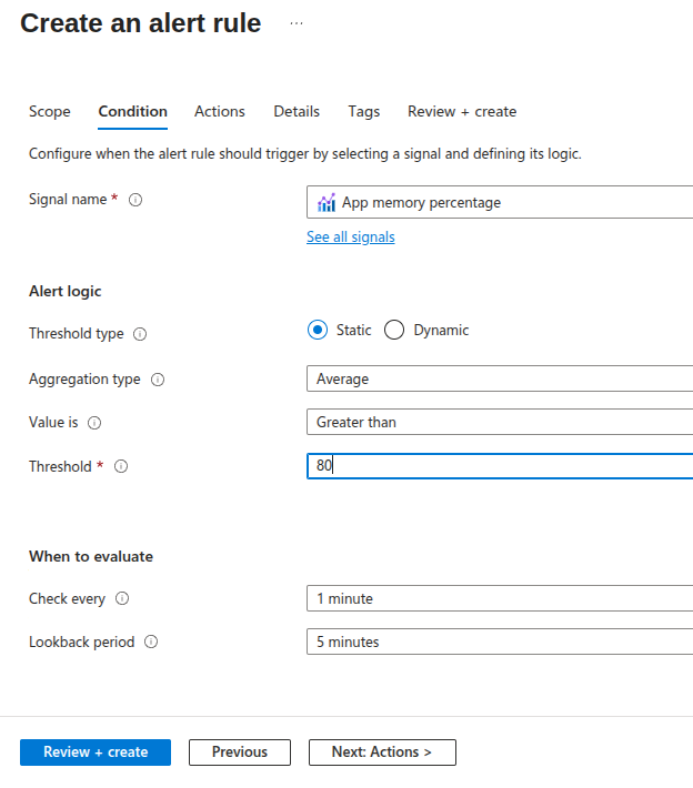 Memory utilization alert configuration