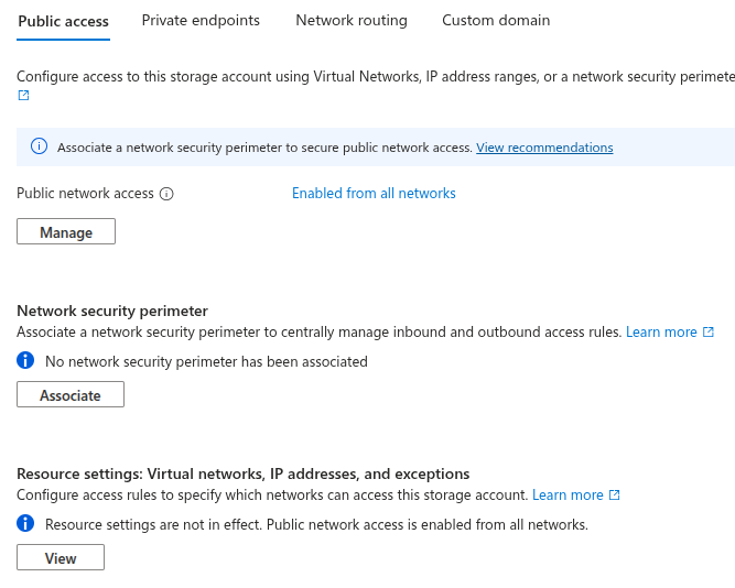 Storage account networking settings
