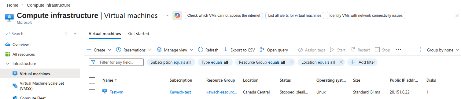 Azure Virtual Machines list