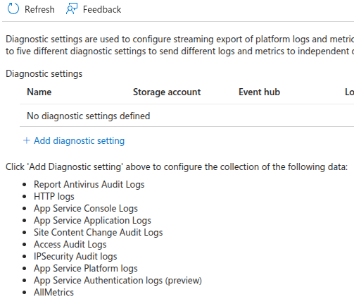 Add Web App diagnostic settings