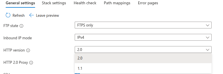 Enable HTTP/2 setting in Azure Web App