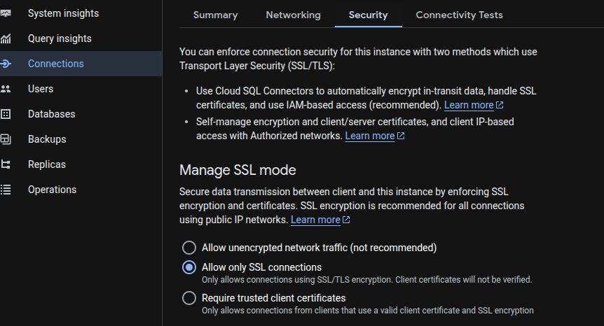 Cloud SQL Secure Transport