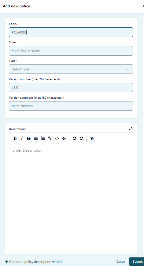 Create New Policy Form Screenshot