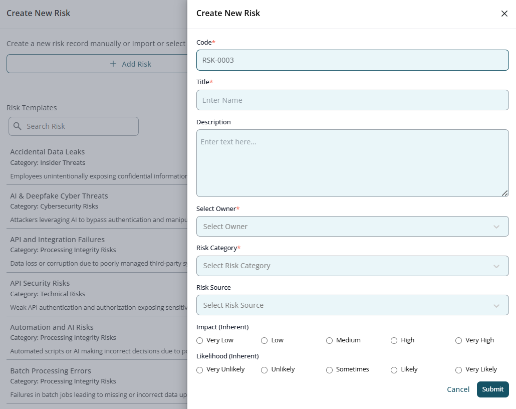 Create Risk Interface