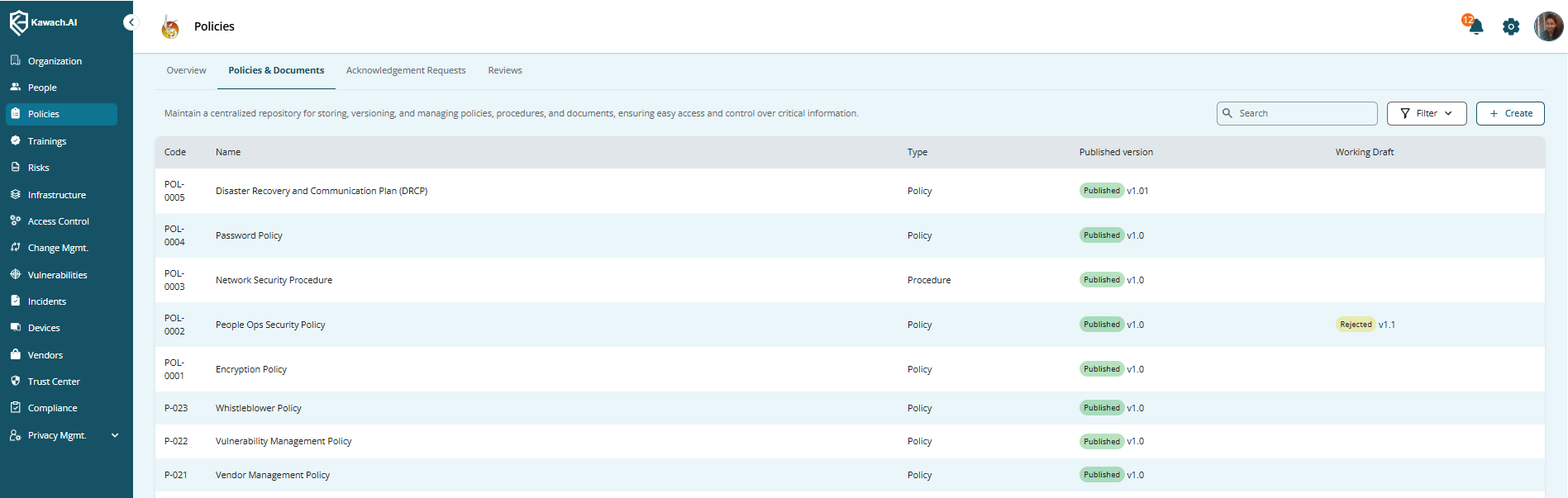 Policies and Documents Table Screenshot