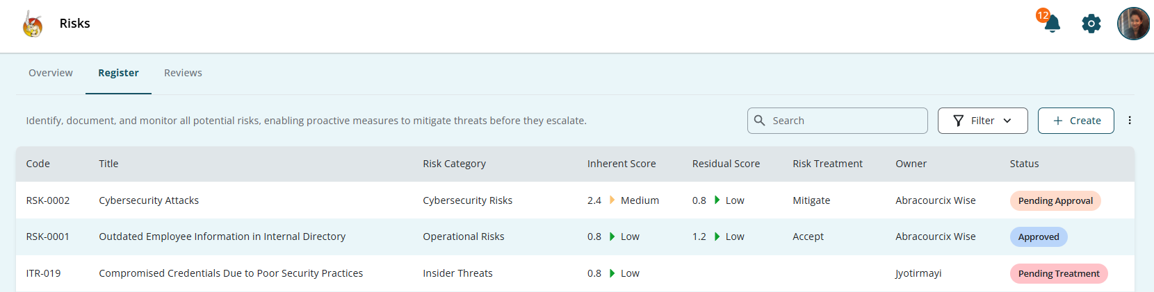 Risk Register Page
