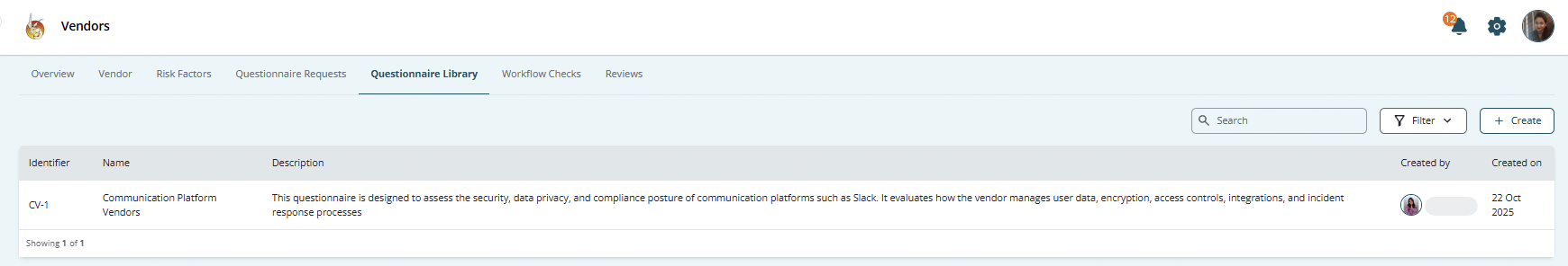 Vendor Questionnaire Library view