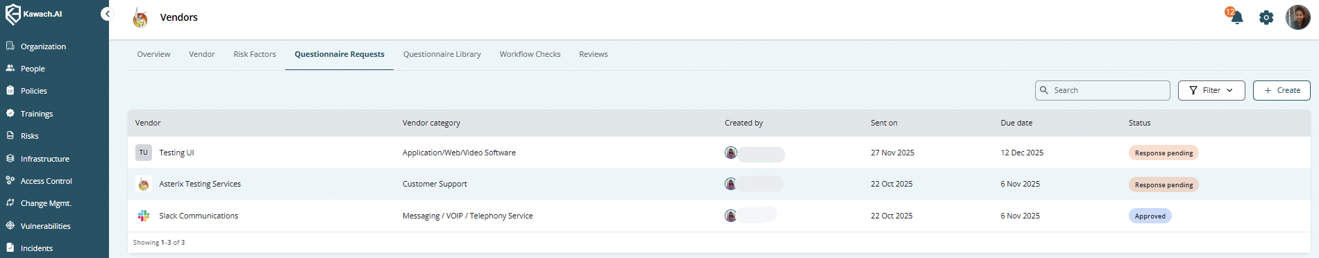 Vendor Questionnaire Requests list