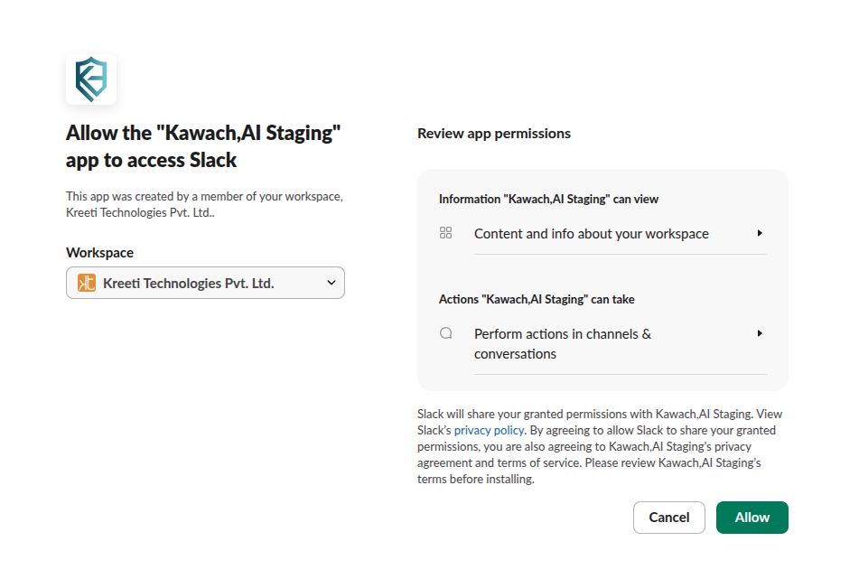 Slack Authorization Page